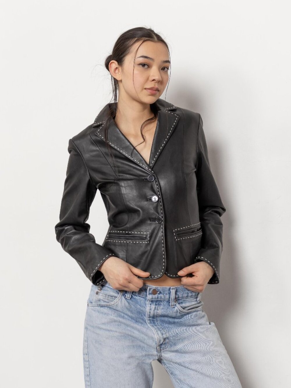 BLACK LEATHER BLAZER Jacket Coat Y2K Vintage / Xs Extra Small